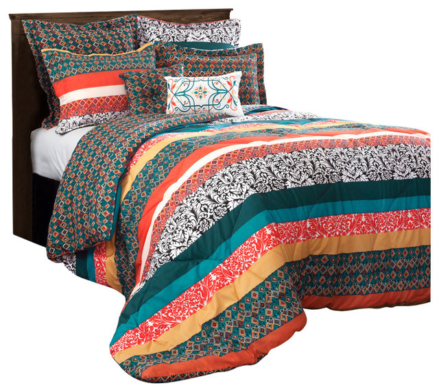 Boho Stripe Comforters Turquoise Tangerine 7 Piece Set Full