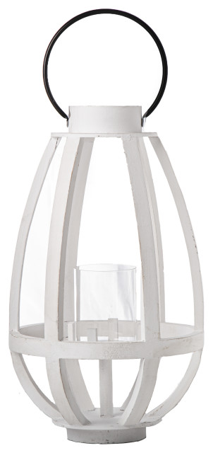 20" Wood Lantern with Metal Handle and Candle Holder Painted White Finish