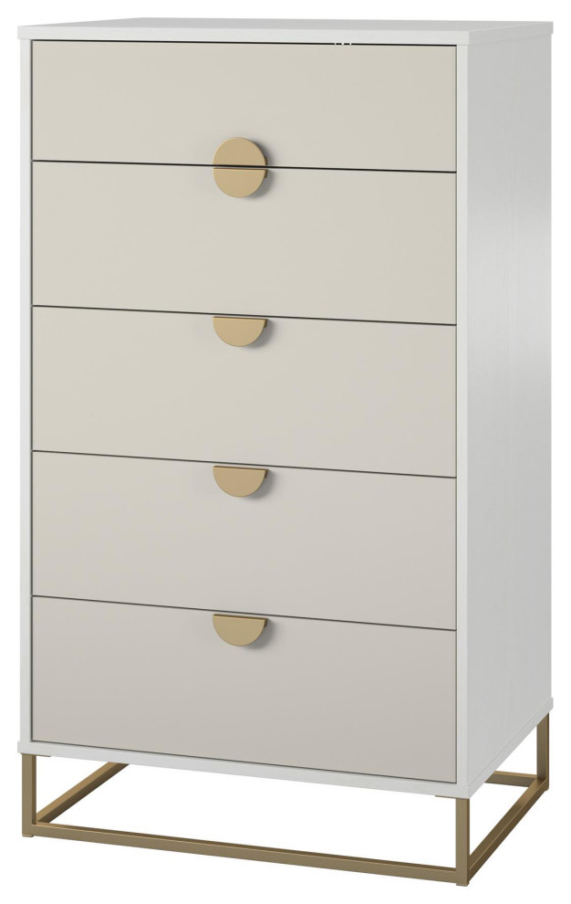 Modern Vertical Dresser, 5 Storage Drawers With Unique Golden Knobs