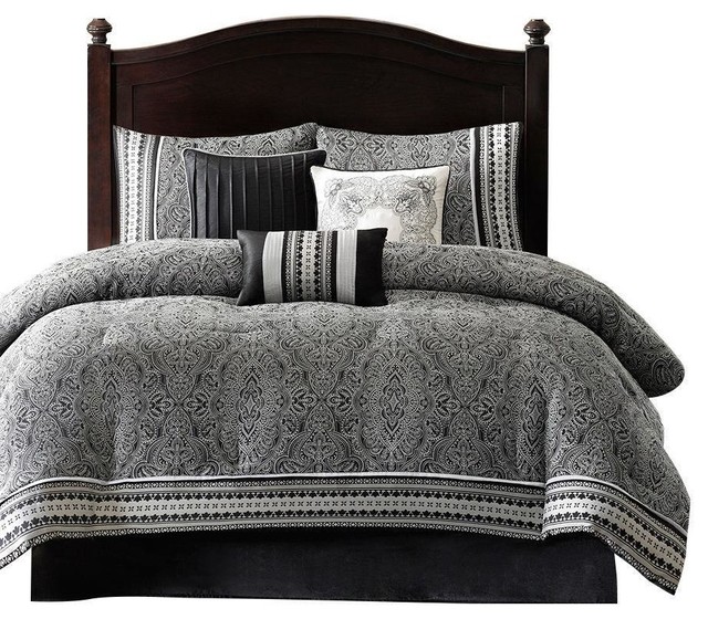 Queen Size 7 Piece Comforter Set In Black White Grey Damask