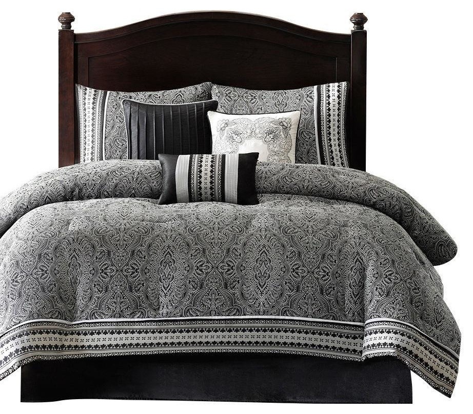 Queen Size 7 Piece Comforter Set In Black White Grey Damask