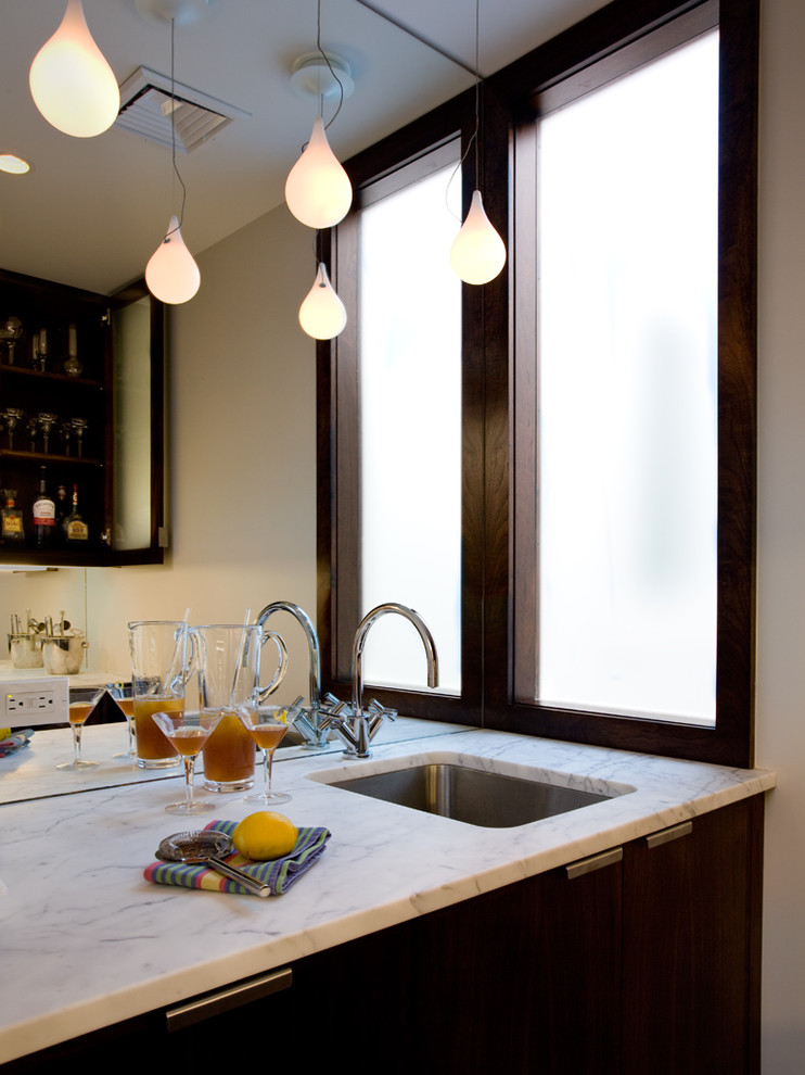 Modern kitchen in New York with an undermount sink, flat-panel cabinets and dark wood cabinets.