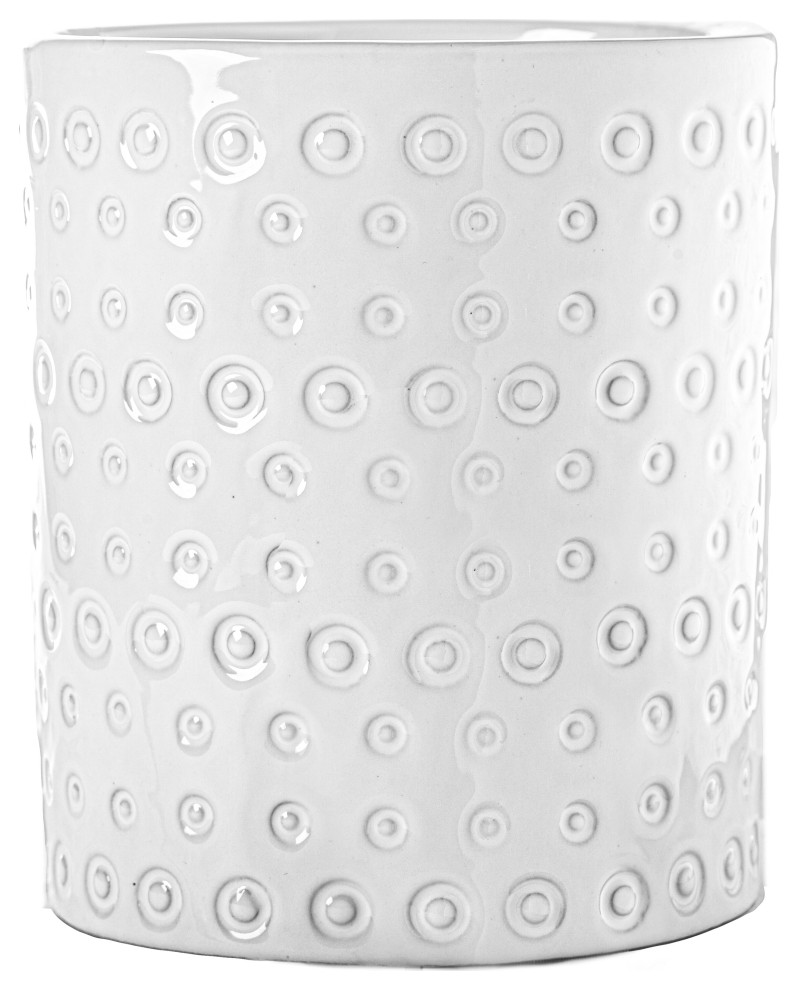 Round Ceramic Utensil Jar with Banded Pinned Dotted Design Gloss White
