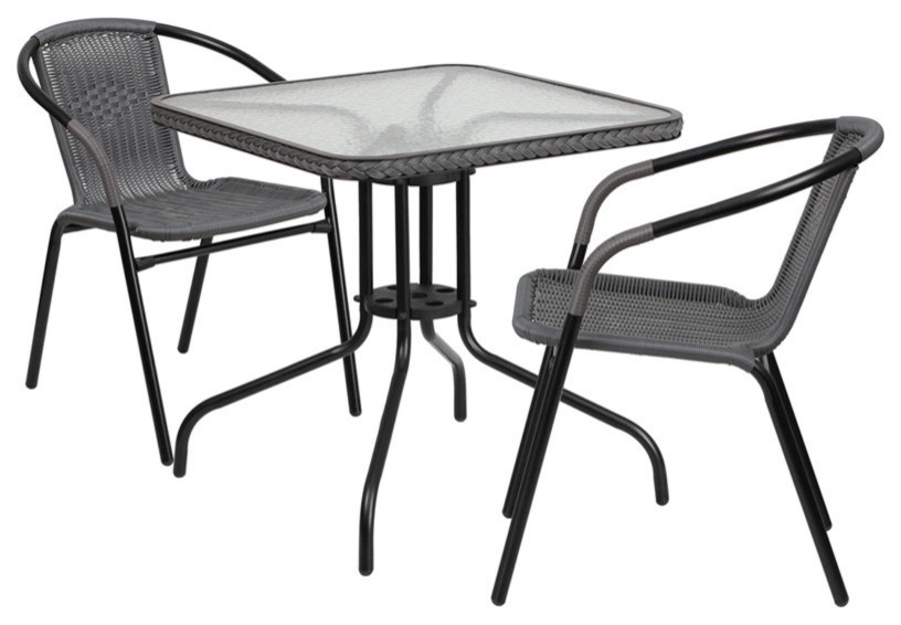 Glass Metal Table With Rattan Edging and 2 Stack Chairs, Gray, 28" Square