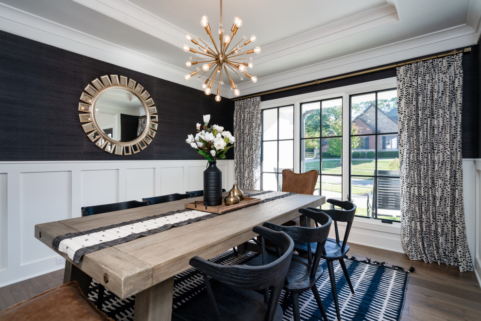 Inspiration for a transitional separate dining room in Louisville with black walls, medium hardwood floors, brown floor, recessed and panelled walls.