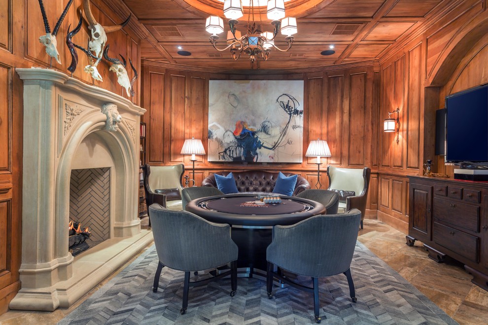 Inspiration for a mid-sized arts and crafts basement in Atlanta with a game room, a standard fireplace, brown walls, travertine floors and a stone fireplace surround.