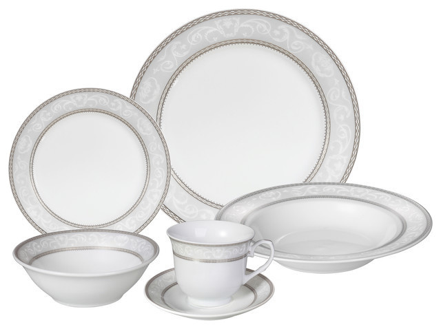 24 Piece Fine Wavy Edge Porcelain Dinnerware Set, Amelia design, Sirena