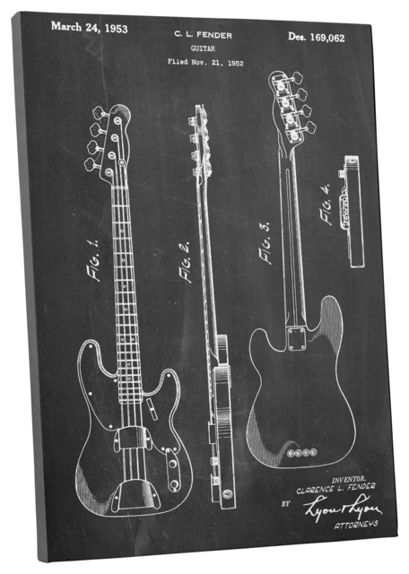 Fender Bass Guitar Patent Blueprint Gallery Wrapped Canvas Wall Art, 20"x16"