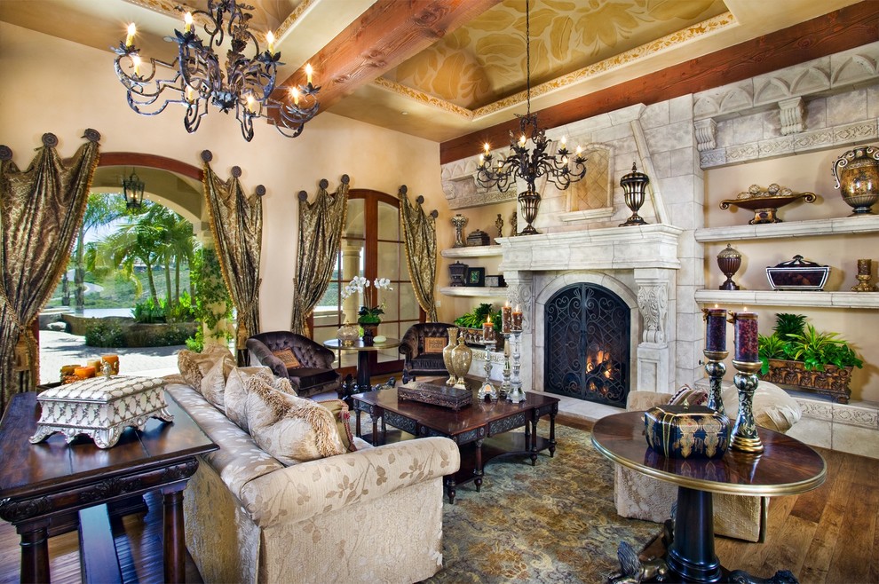 Photo of a mediterranean formal living room in San Diego with a standard fireplace.