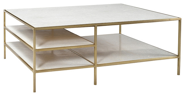 Marble & Brass Coffee Table w/Shelves - Contemporary ...