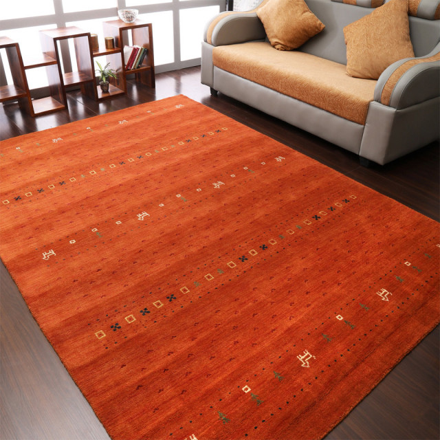 Hand Knotted Loom Wool Area Rug Contemporary Orange