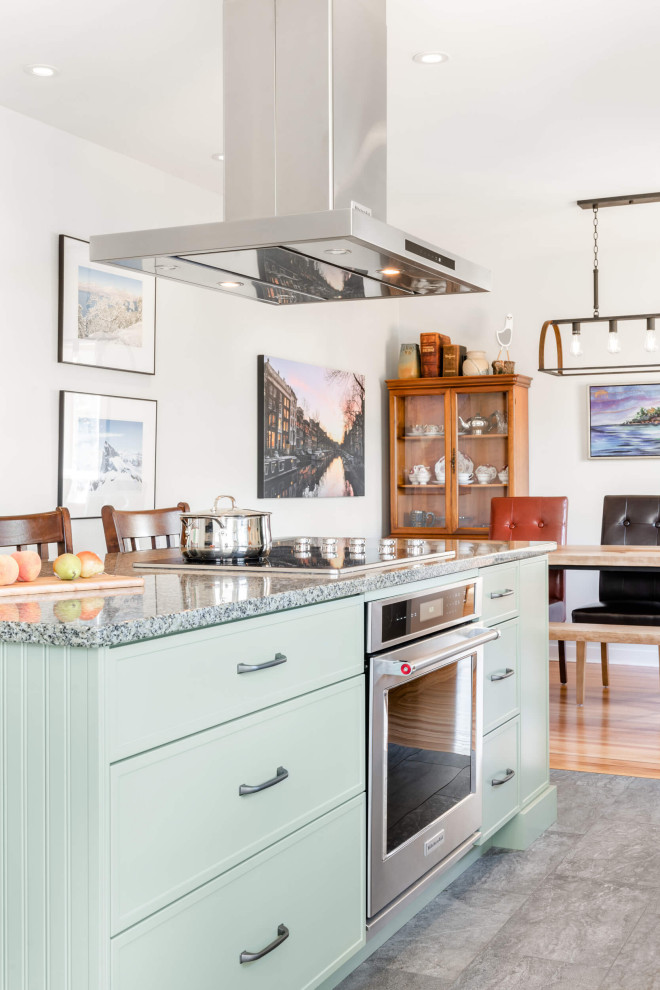 Mid-sized transitional galley eat-in kitchen photo with shaker cabinets and an island
