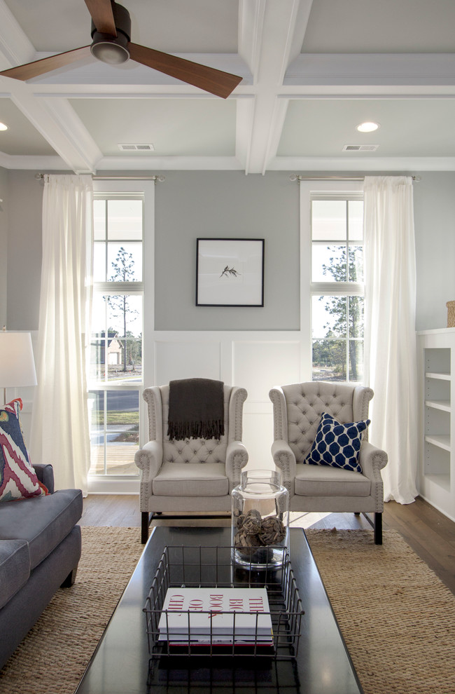 Design ideas for a mid-sized transitional open concept living room in Wilmington with grey walls and dark hardwood floors.