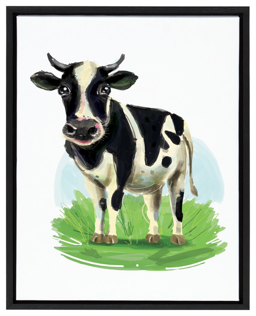 Sylvie Illustration Of Cow Framed Canvas Wall Art Black 18x24