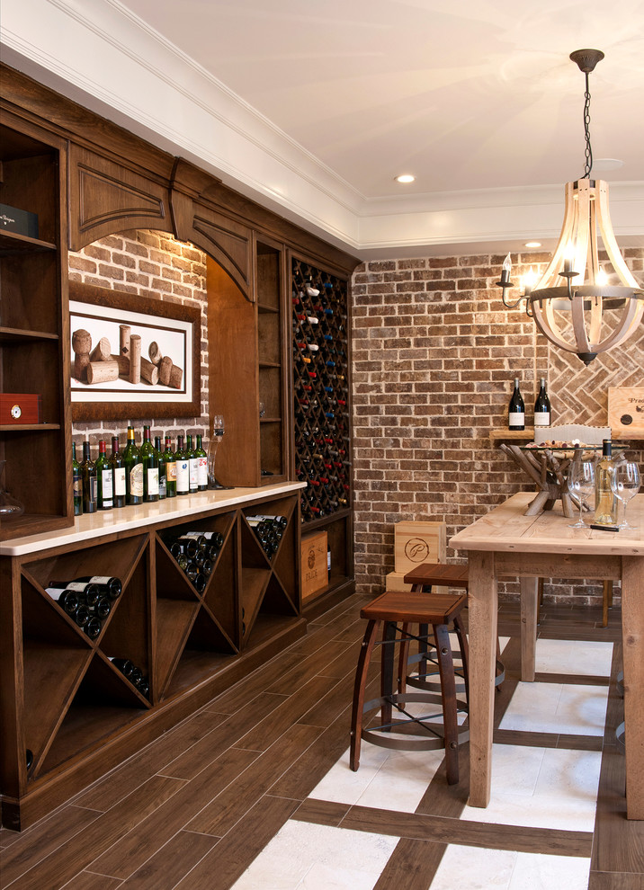 Inspiration for a large transitional wine cellar in Atlanta with dark hardwood floors, storage racks and brown floor.