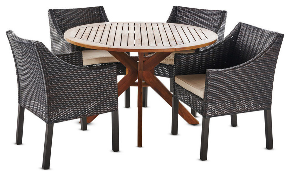 GDF Studio 5Piece Orwel Outdoor Wicker Dining Set With Teak Finish