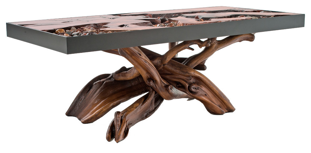 A River Runs Through It Unique Coffee Table, Redwood With Juniper Base, 60x28x20