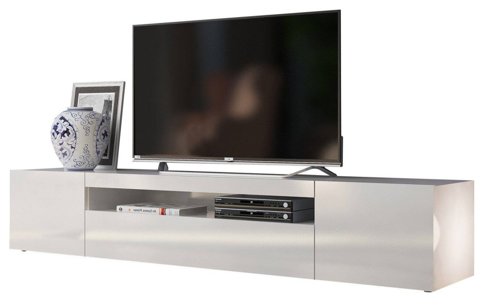 Modern TV Stand, Low Profile Design With 3 Central Open Cubby