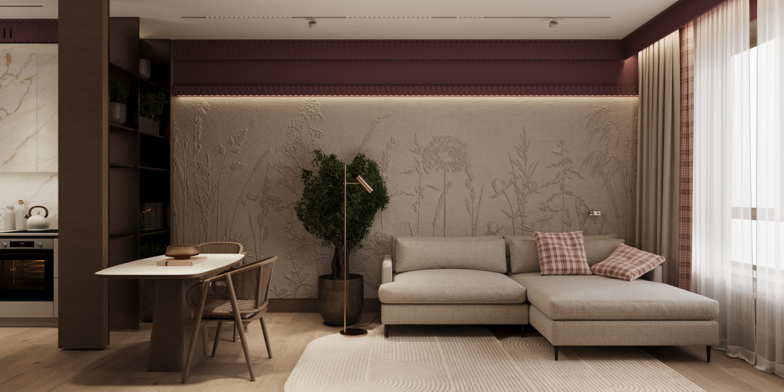 Кухня-гостиная с нотками бордо