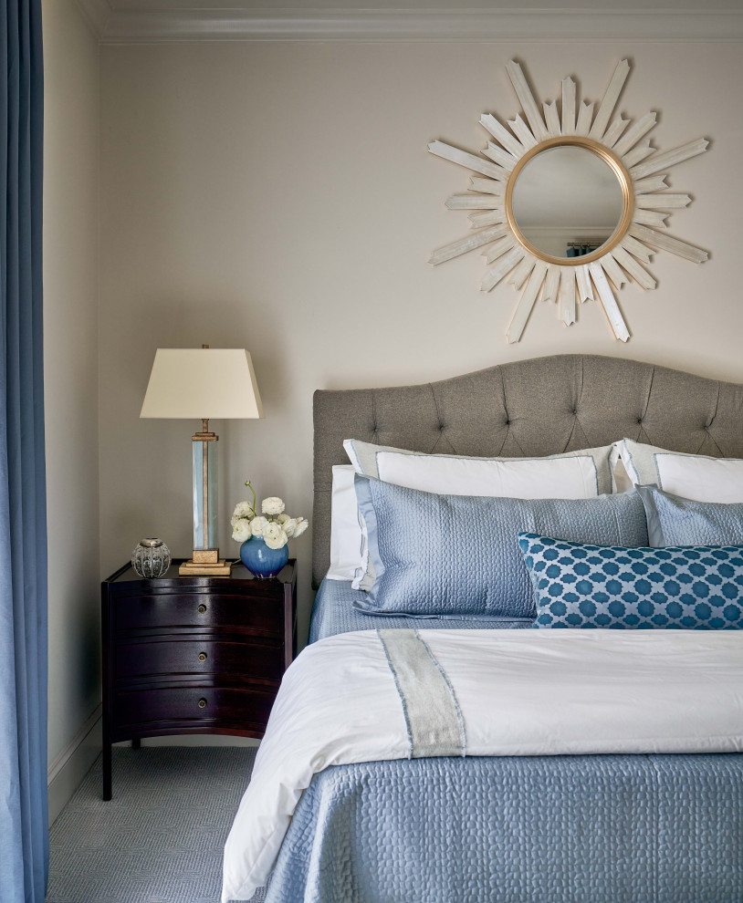 Transitional carpeted, blue floor and wallpaper bedroom photo in Charlotte with beige walls