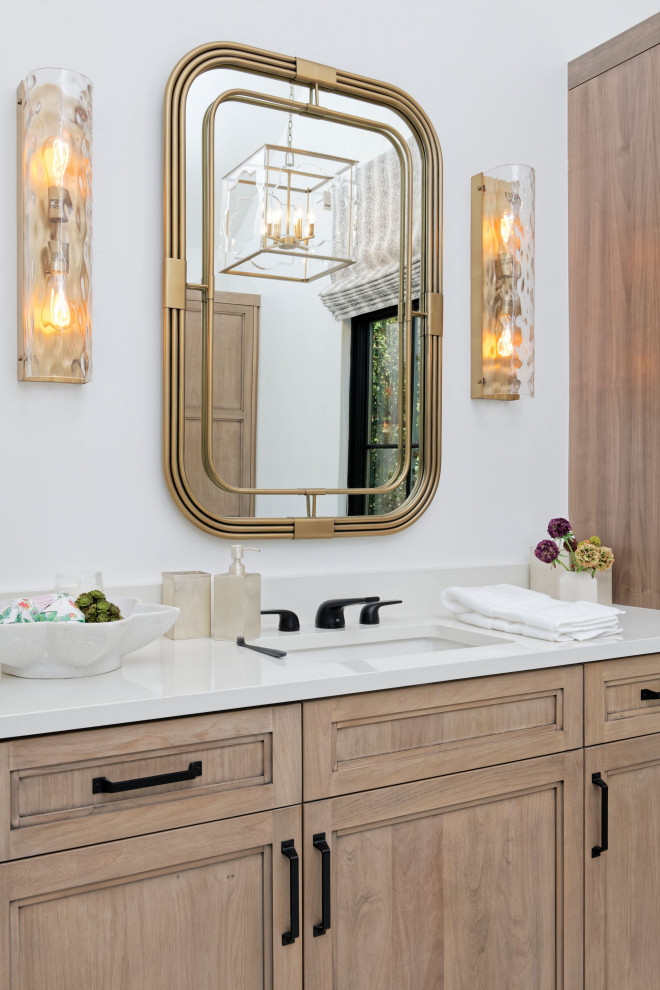 Design ideas for a mid-sized contemporary master wet room bathroom in Denver with shaker cabinets, medium wood cabinets, a freestanding tub, beige walls, mosaic tile floors, an undermount sink, engineered quartz benchtops, white floor, a hinged shower door and white benchtops.