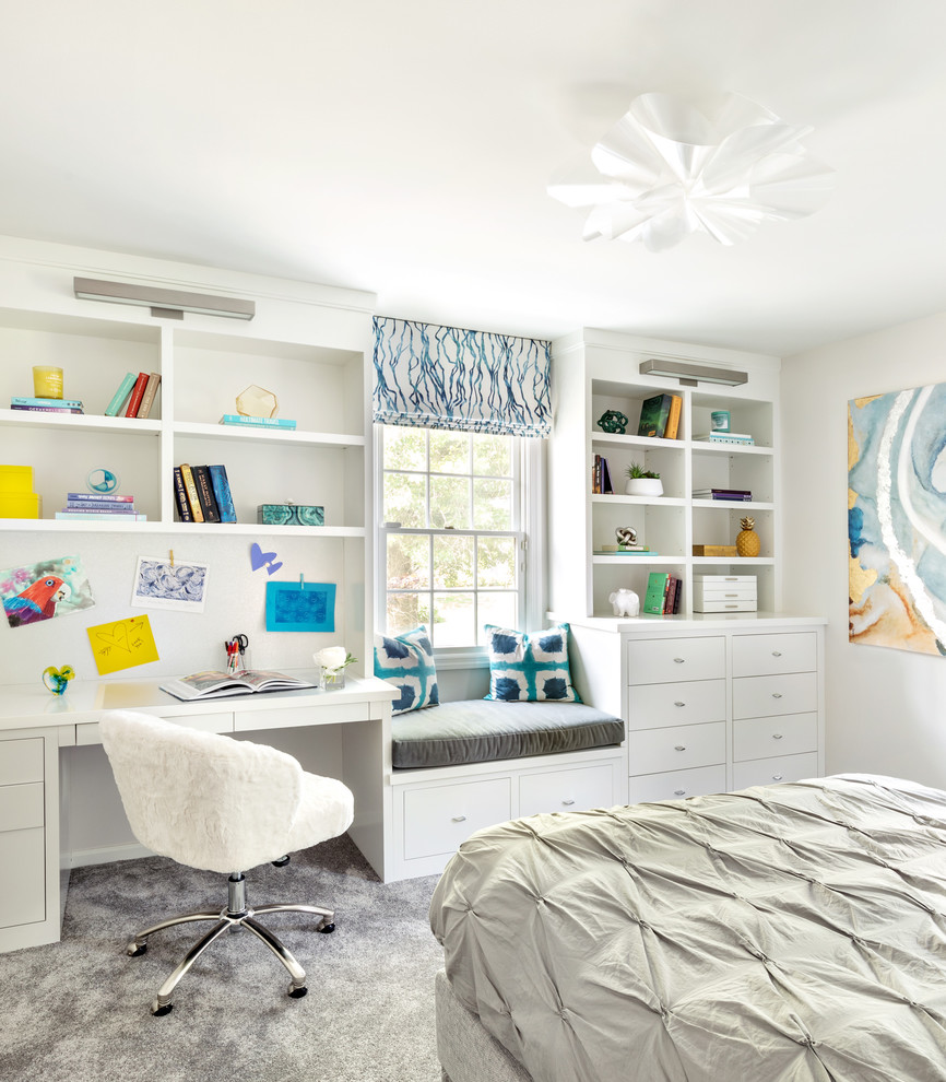 Kids' room - transitional boy carpeted and gray floor kids' room idea in New York with gray walls