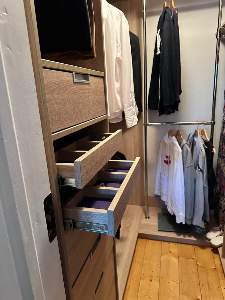 Photo of a medium sized contemporary walk-in wardrobe in Other with light wood cabinets.