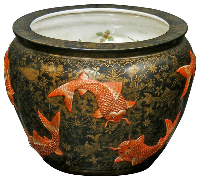 14" Hand Crafted Koi Design Porcelain Fishbowl - Asian - Indoor Pots