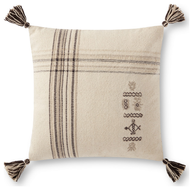 Natural/Charcoal 18"x18" Hand Woven Updated Traditional Plaid Tassels Pillow