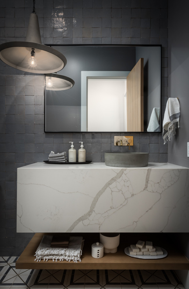 Design ideas for a large classic cloakroom in Phoenix with raised-panel cabinets, beige cabinets, a two-piece toilet, white tiles, marble tiles, white walls, marble flooring, a vessel sink, engineered stone worktops, white floors, white worktops, a built in vanity unit, a vaulted ceiling and wallpapered walls.