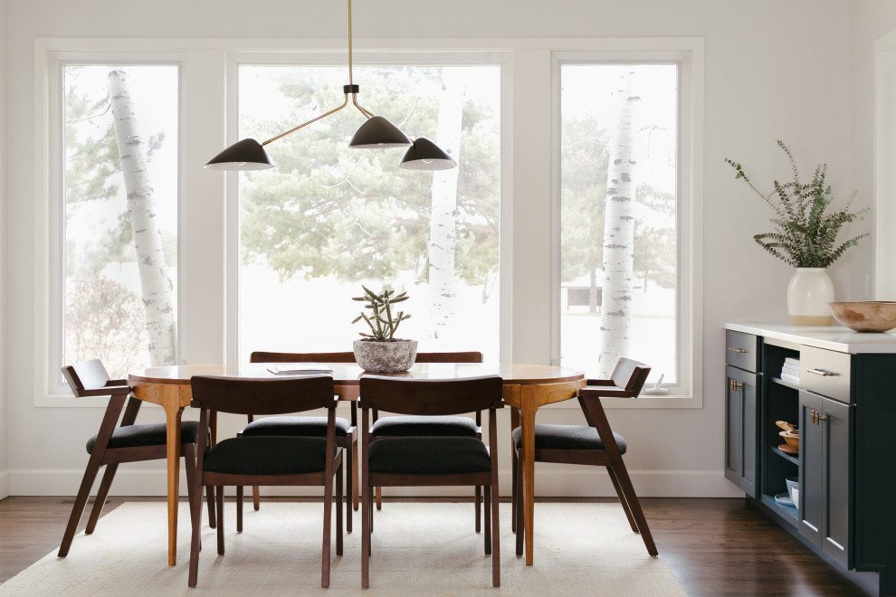 Foto di una grande sala da pranzo aperta verso il soggiorno design con pareti bianche, pavimento in legno massello medio e pavimento marrone