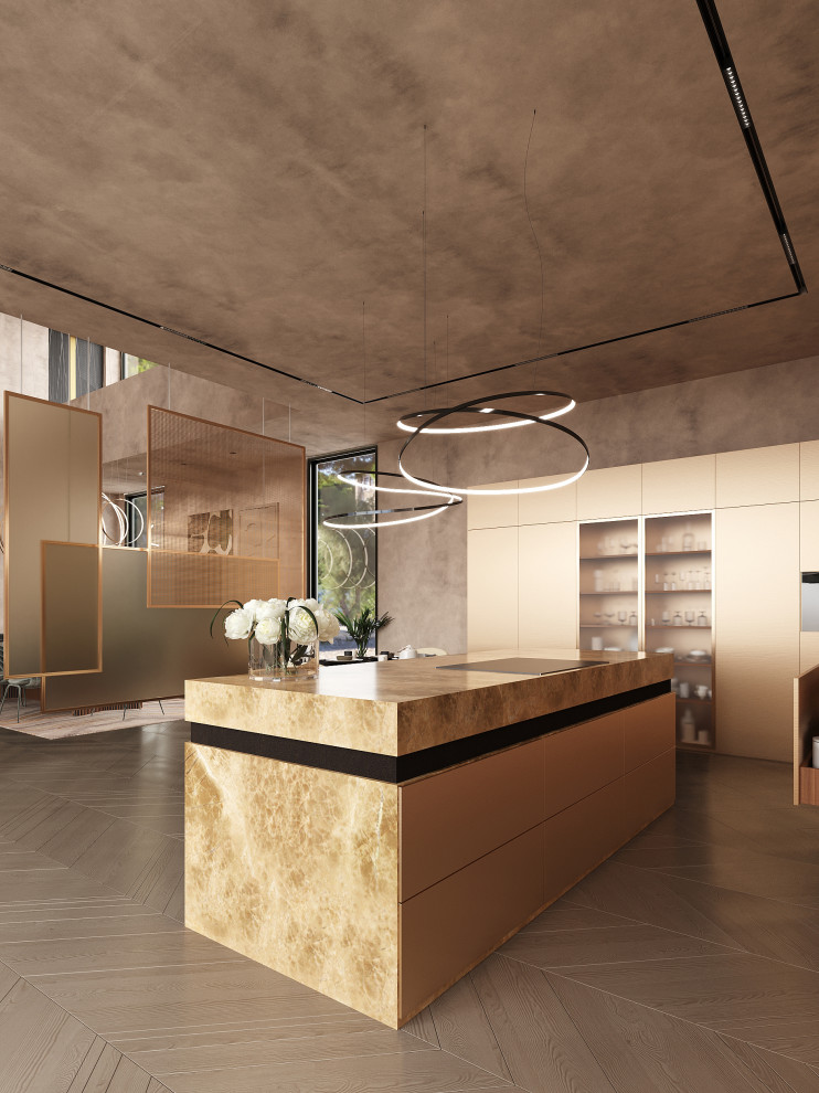 Cette image montre une cuisine ouverte minimaliste en L et inox avec un évier intégré, un placard à porte affleurante, un plan de travail en terrazzo, un sol en bois brun, îlot, un sol marron et un plan de travail beige.