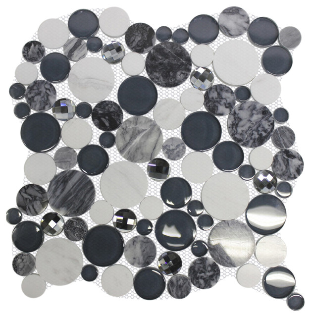 11 61 X11 61 Galala Black Diamond Bubble Round Gray White Marble Glass Tile Contemporary Mosaic Tile By Mosaic Tile Source Inc