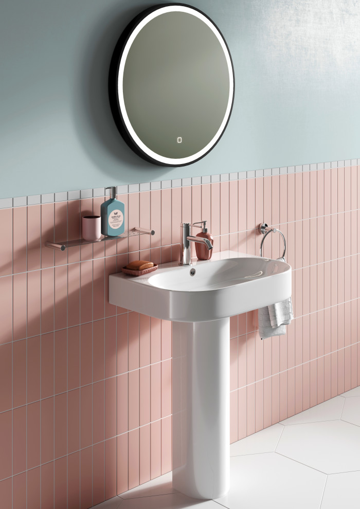 Mid-sized modern kids bathroom in Kent with pink tile, blue walls, a pedestal sink, white floor, white benchtops, a single vanity, mosaic tile and porcelain floors.