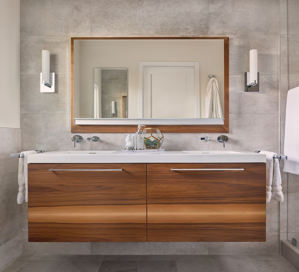 Design ideas for a small contemporary master bathroom in San Francisco with flat-panel cabinets, light wood cabinets, a double shower, a one-piece toilet, beige tile, ceramic tile, black walls, porcelain floors, an integrated sink, quartzite benchtops, beige floor and a sliding shower screen.