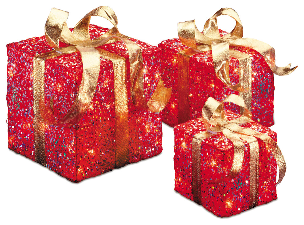 6", 8" and 10" Assorted Red Sisal Gift Boxes With 20, 20 and 35 Clear Lights