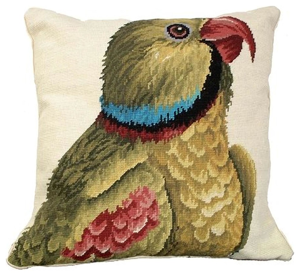 Throw Pillow Needlepoint Parrot Looking Right Bird 18x18 Beige Wool