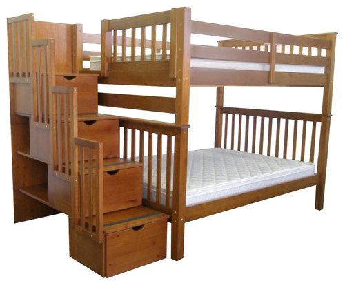 Queen over Queen Bunk Bed with Trundle and Stairs
