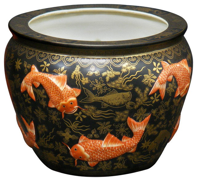 12" Hand Crafted Koi Design Porcelain Fishbowl - Asian - Indoor Pots