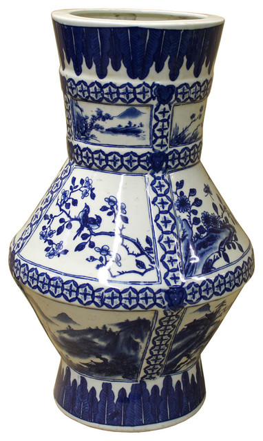 Chinese Blue White Porcelain Flower Bird Scenery Graphic Vase