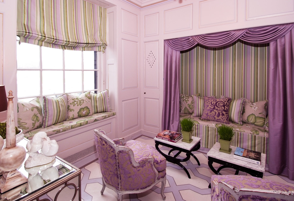 Inspiration for a traditional enclosed family room in New York with purple walls.