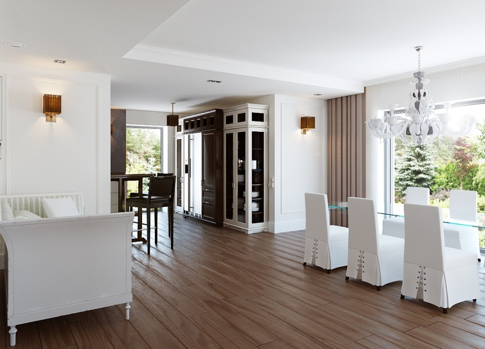 Design ideas for a transitional dining room in Sacramento with white walls and dark hardwood floors.