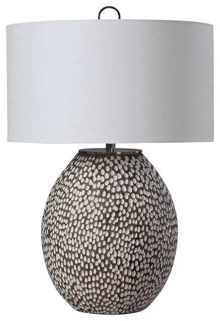 Rustic End Table Lamp, Gray Crackled Ceramic Base With Linen Fabric Shade