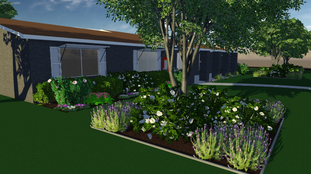 Modelo de camino de jardín minimalista grande en primavera en patio delantero con exposición total al sol y adoquines de hormigón