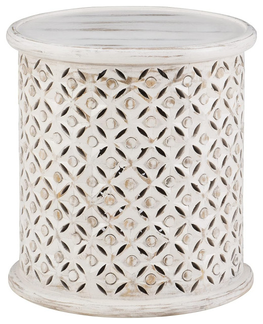 Round Side Table, Mango Wood Construction With Lattice Pattern