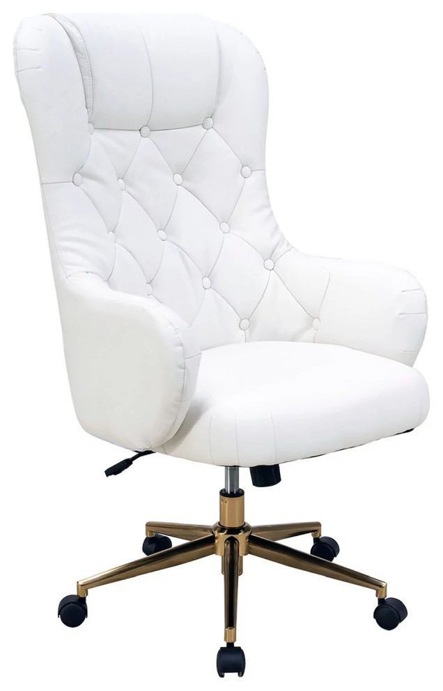 Ergonomic Office Chair, White Faux Leather Seat & Button Tufted High