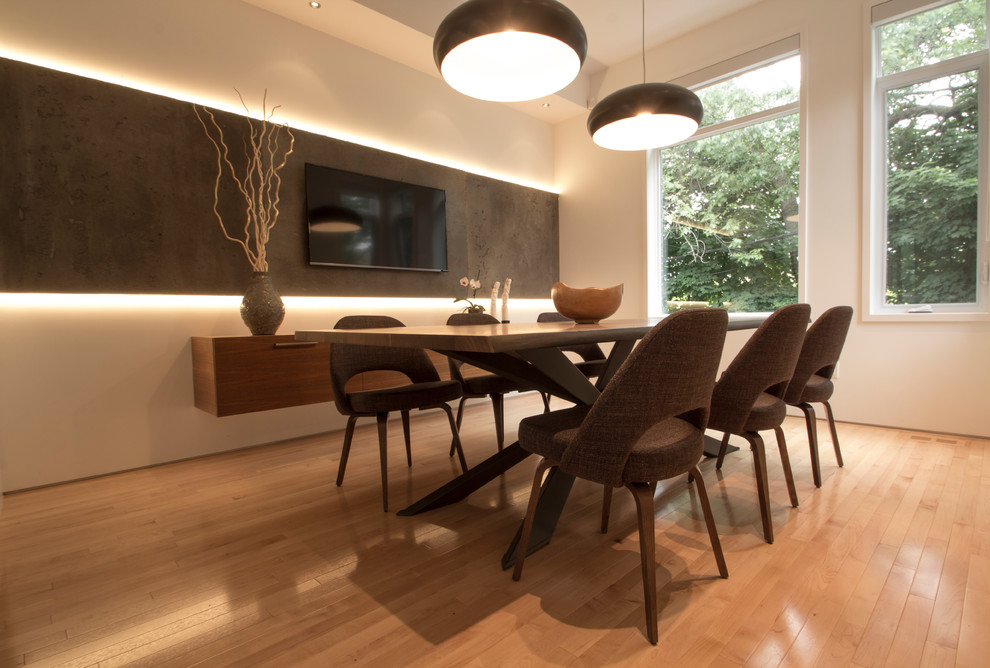 Photo of a mid-sized modern dining room in Montreal with white walls and light hardwood floors.