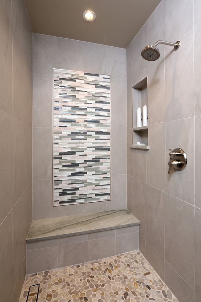 Inspiration for a mid-sized contemporary master bathroom in San Francisco with a drop-in sink, marble benchtops, an alcove shower, a one-piece toilet, multi-coloured tile, glass tile, grey walls, porcelain floors, recessed-panel cabinets and grey cabinets.