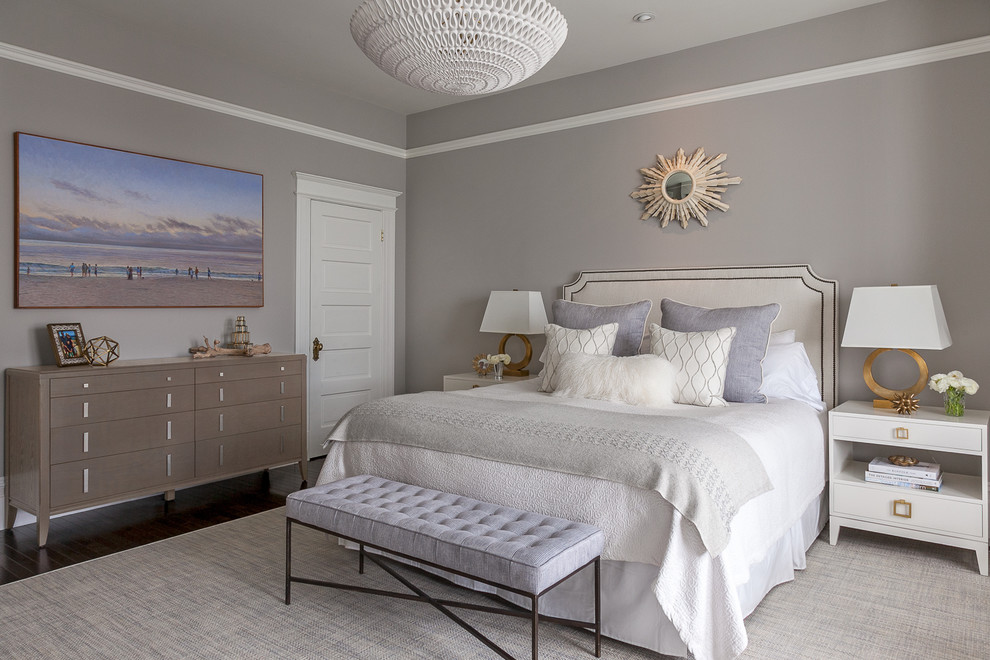 Photo of a transitional master bedroom in San Francisco with grey walls and dark hardwood floors.