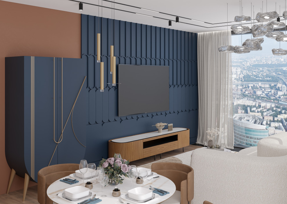 Кухня-гостиная  из проекта "Оранжевый Блюз" в ЖК Neva Towers, г. Москва